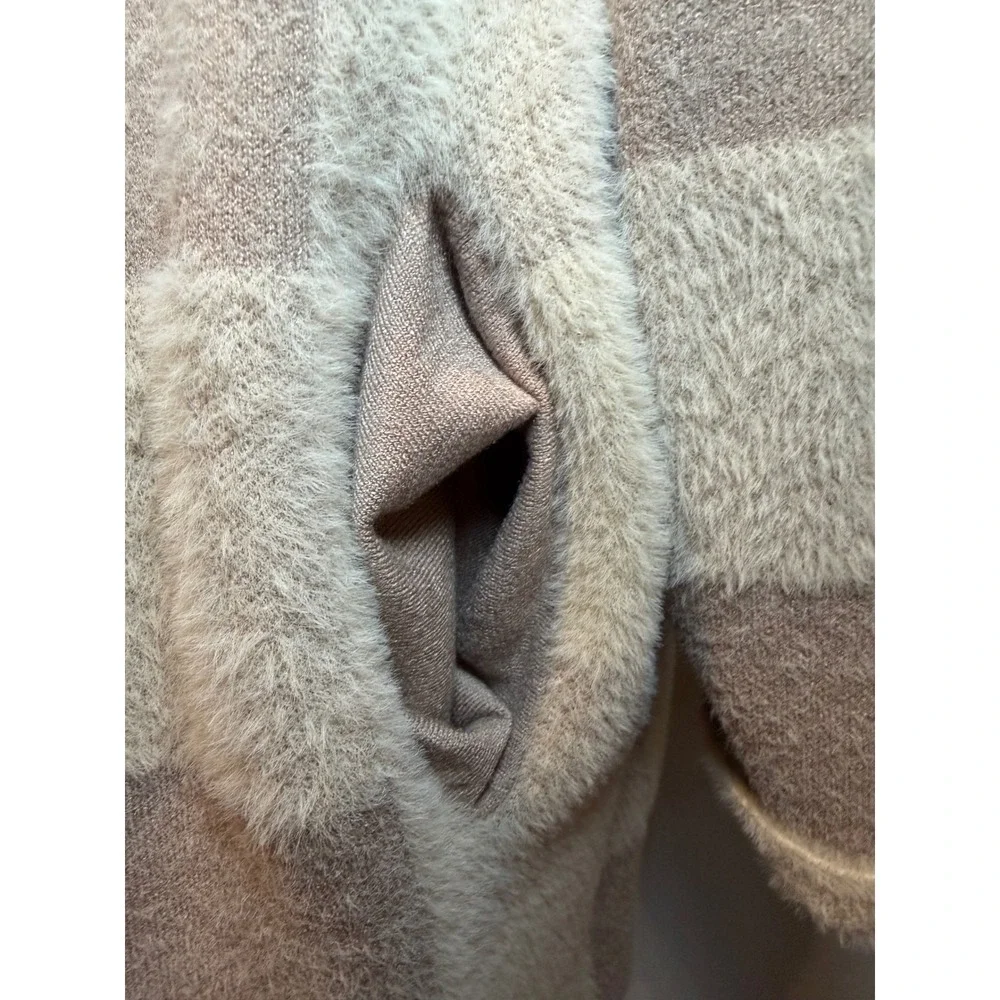Charlie Paige Hooded Coatigan Plaid Fuzzy Open Front Sweater Jacket Tan Crème